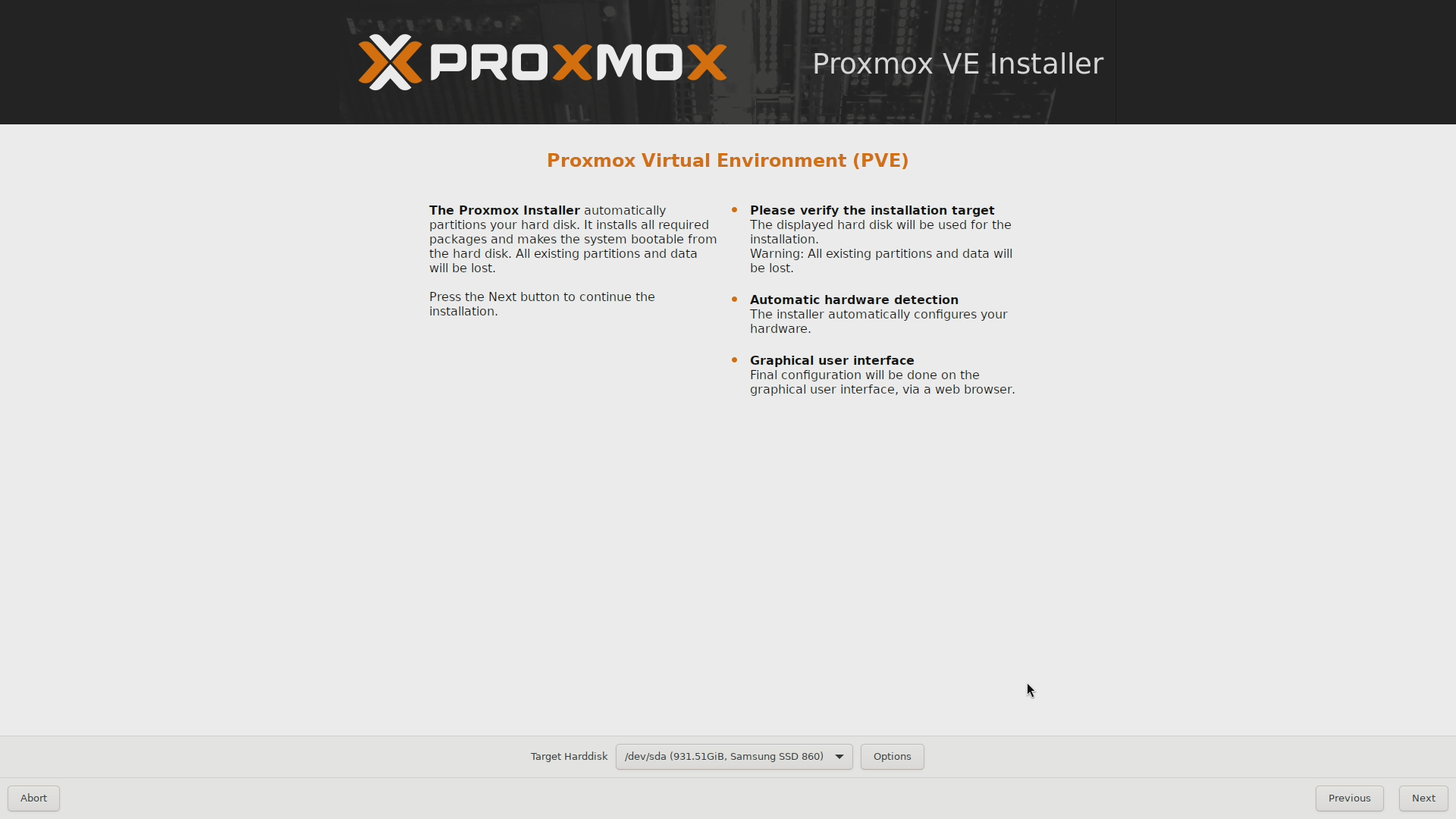 Proxmox VE installer Target Harddisk
