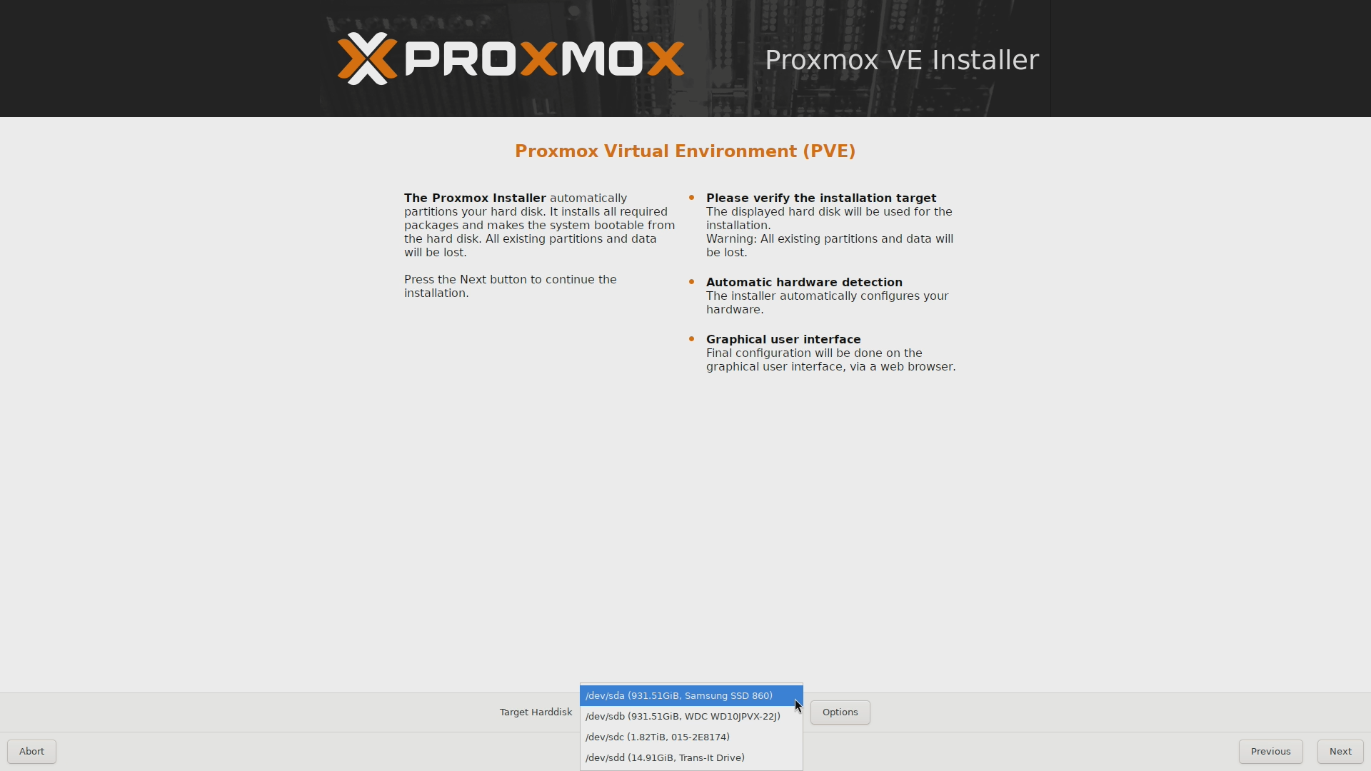 Proxmox VE installer Target Harddisk list