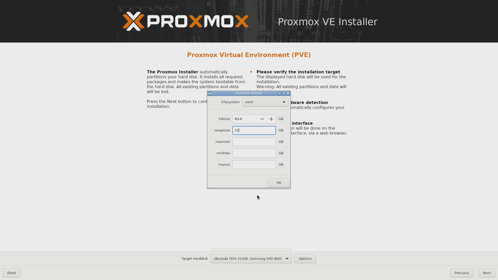 Proxmox VE installer Target Harddisk options adjusted