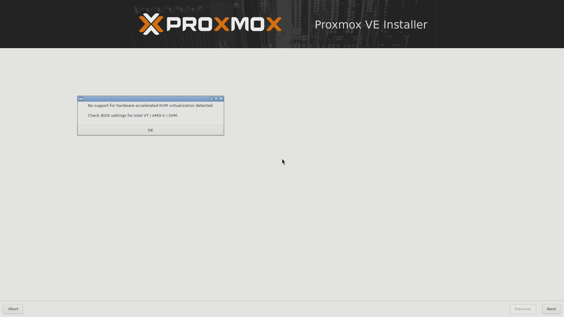 Proxmox VE installer virtualization support warning