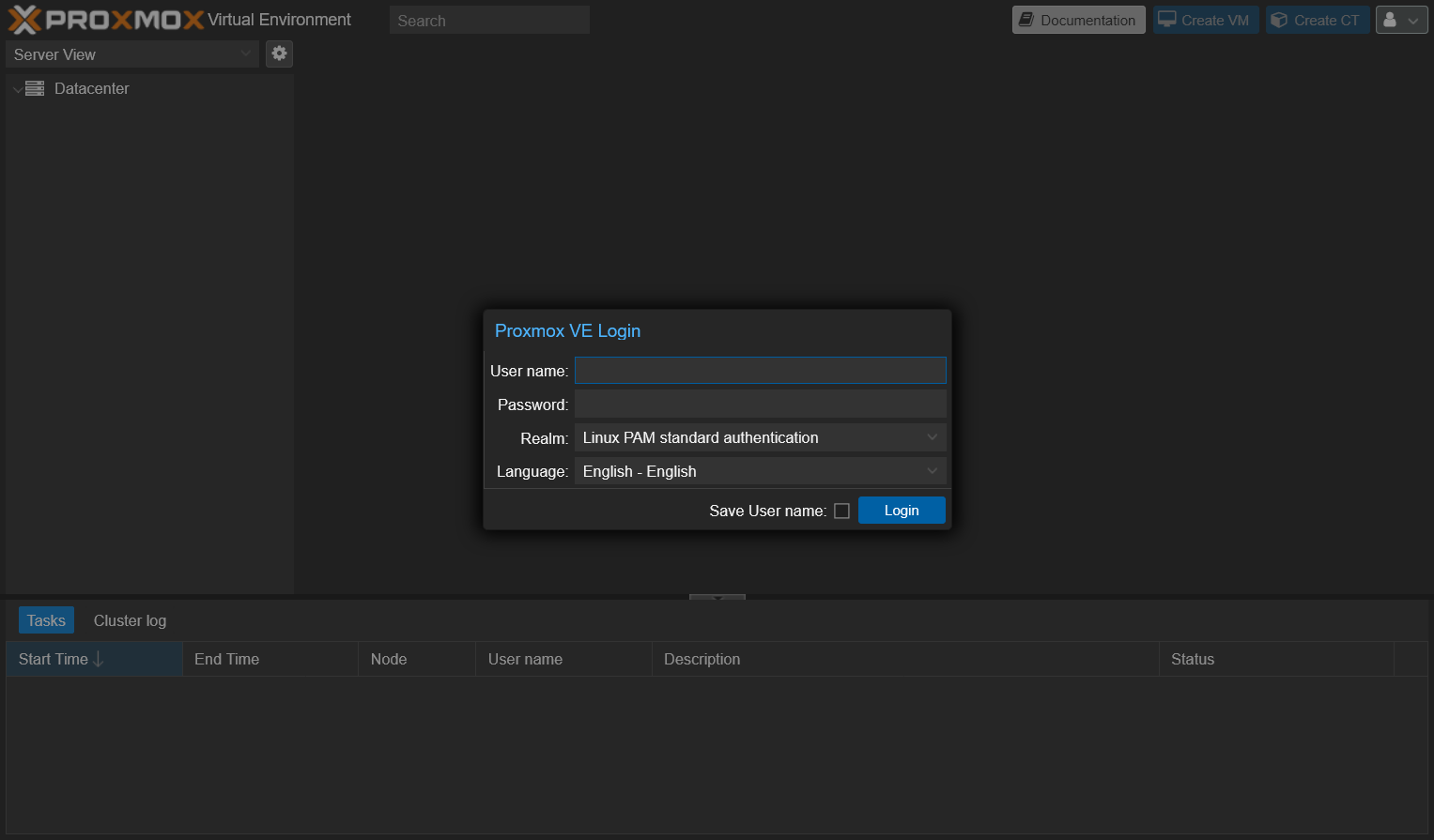 Proxmox VE web console login in dark mode