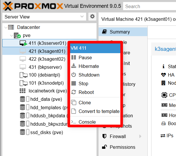 PVE contextual menu for VM