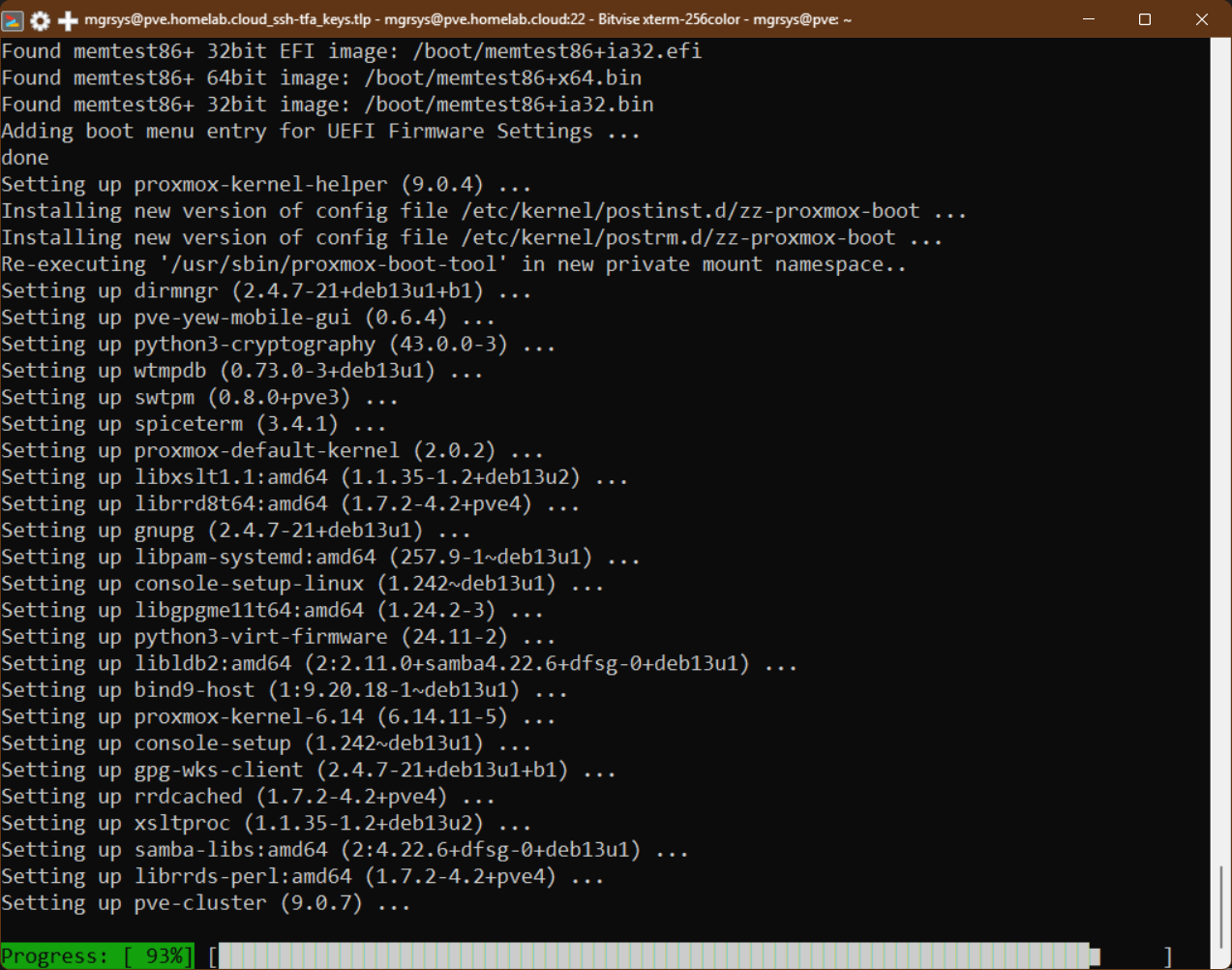 PVE node remote terminal view of apt upgrade progress