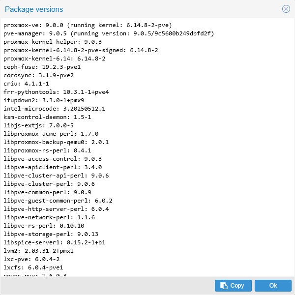 PVE node Summary tab Package versions window