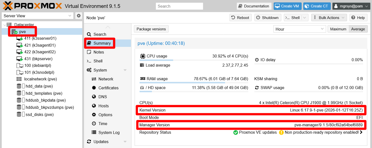 PVE node Summary page versions updated