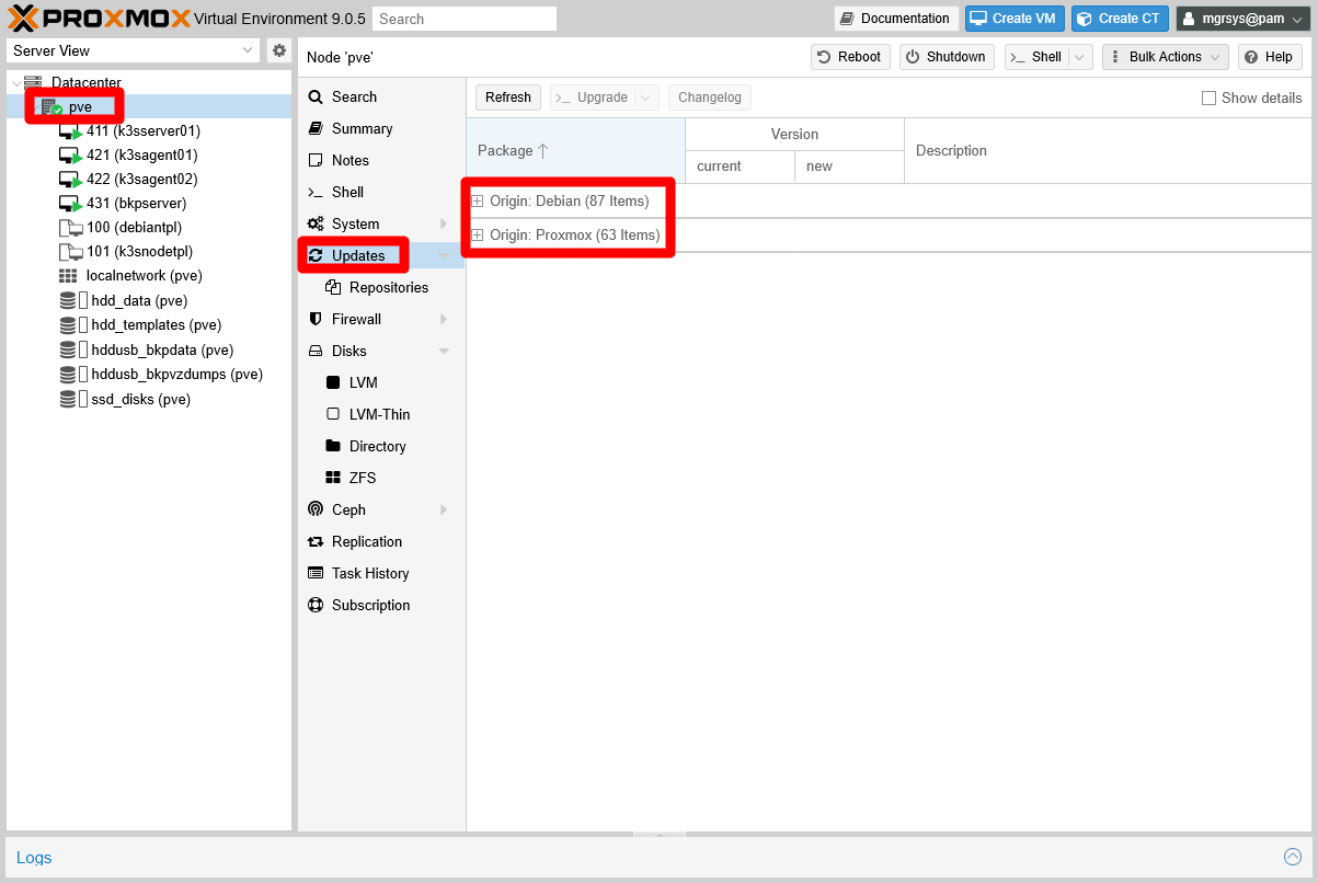 PVE node Updates folded package lists