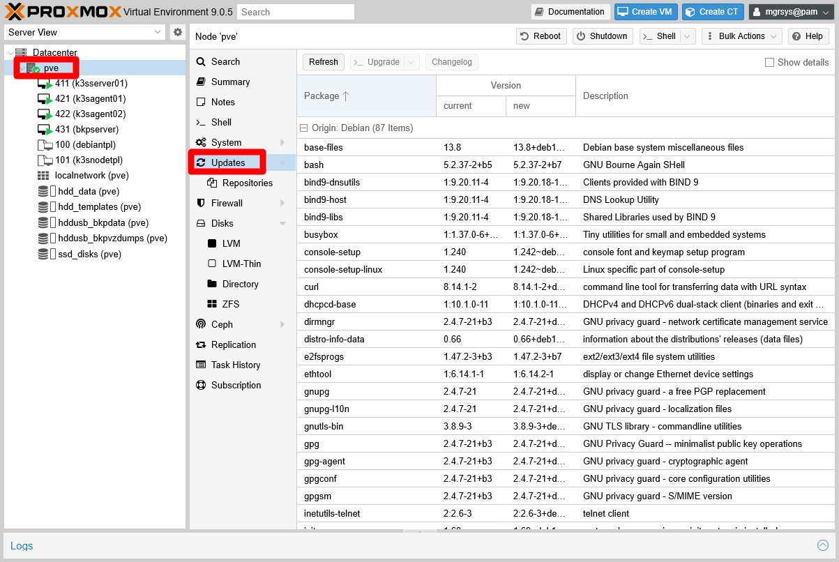 PVE node Updates page
