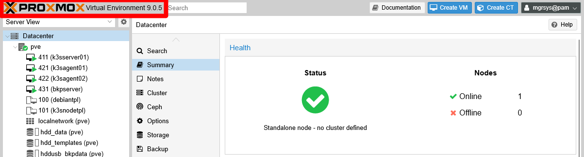 Proxmox VE version on top bar