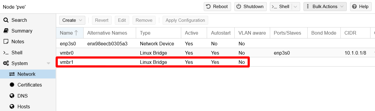 PVE Network New vmbr1 Linux Bridge active